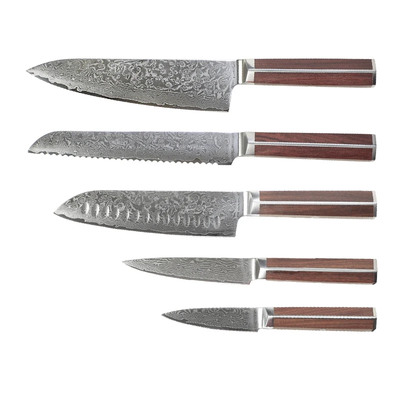 Factory kitchen Stainless Steel Japanese Rosewood Handle Bread Santoku Paring Uitilty Chef 67 Layers Damascus Knife Set