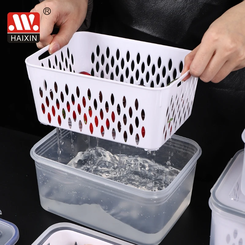 HAIXIN Hot Home Square Fresh Food Storage Double Layer Drain Plastic Transparent Storage Box Container