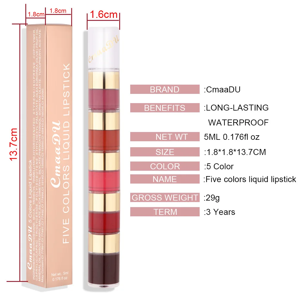 CmaaDu 5 In 1 Lip Gloss Kit Makeup Matte Lips Cosmetic Long Lasting Waterproof Velvet Liquid Lipstick Waterproof Sexy Lip Tint
