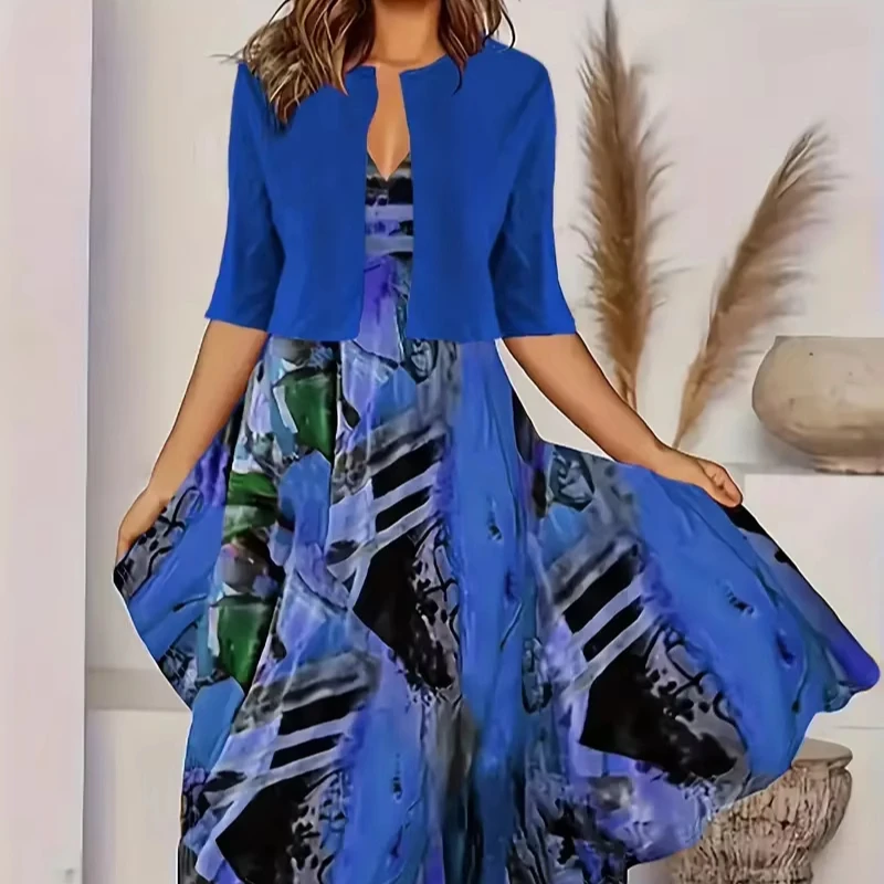 S-2XL  Printed dress European and American lace up cardigan Summer Dubai Elegant Skirt Set