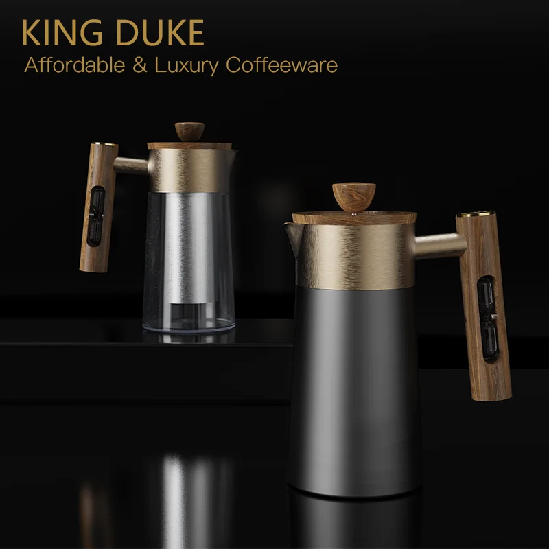 DHPO Removable Coffee and Tea Set Luxury 4-Layer Filter Double Walled Ceramic French Press Wooden Hourglass Handle Coffee Maker