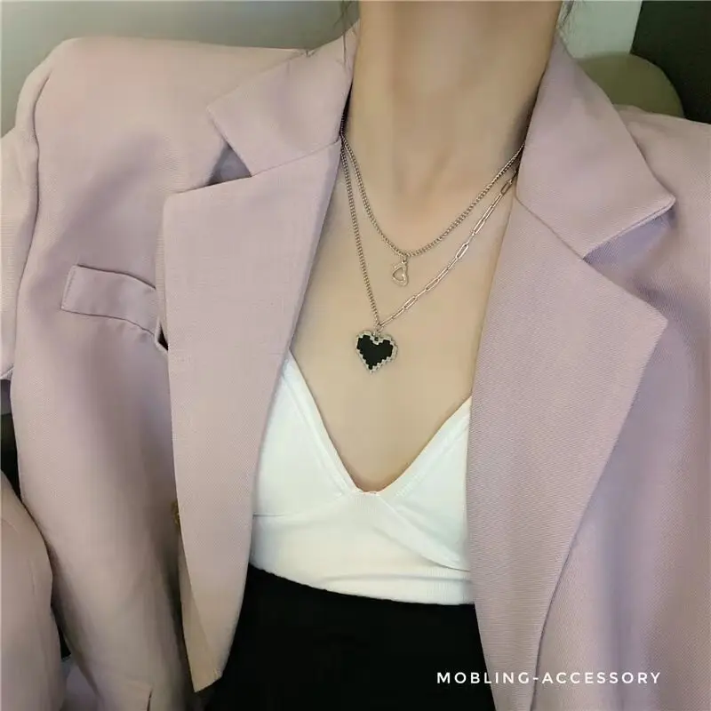 Titanium colorfast black mosaic love pixel hearts double layered necklace ins cool wind pendant tide.