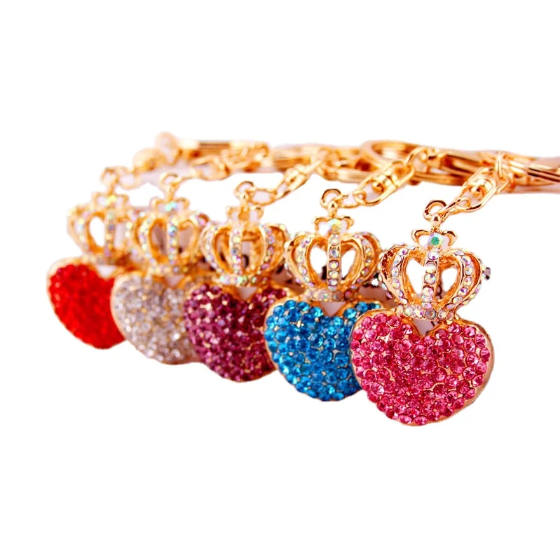 Low MOQ Promotional Rhinestones colorful Crown Heart Shaped Lover Car Metal keychain