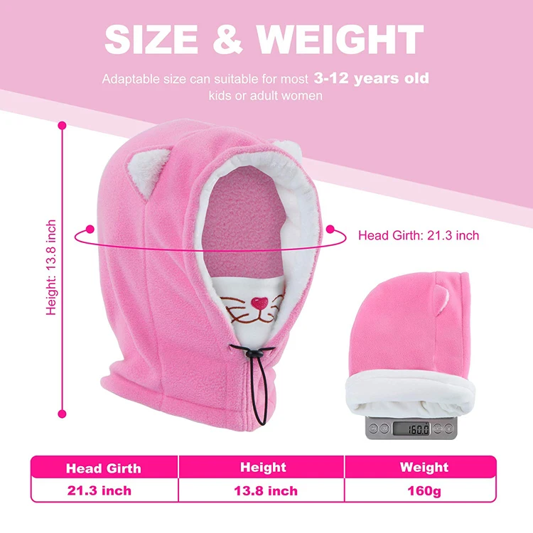 Kids Balaclava Ski Mask Cold Weather Fleece Face Mask with Hood, Windproof Outdoor Winter Hat for Boys & Girls