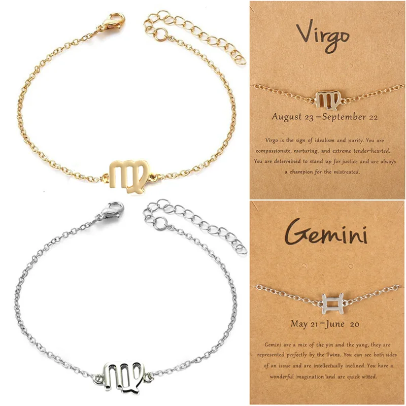 Wholesale gold Silver Astrology Horoscope Jewelry packaging card Minimalist 12 Zodiac signs chain Bracelet