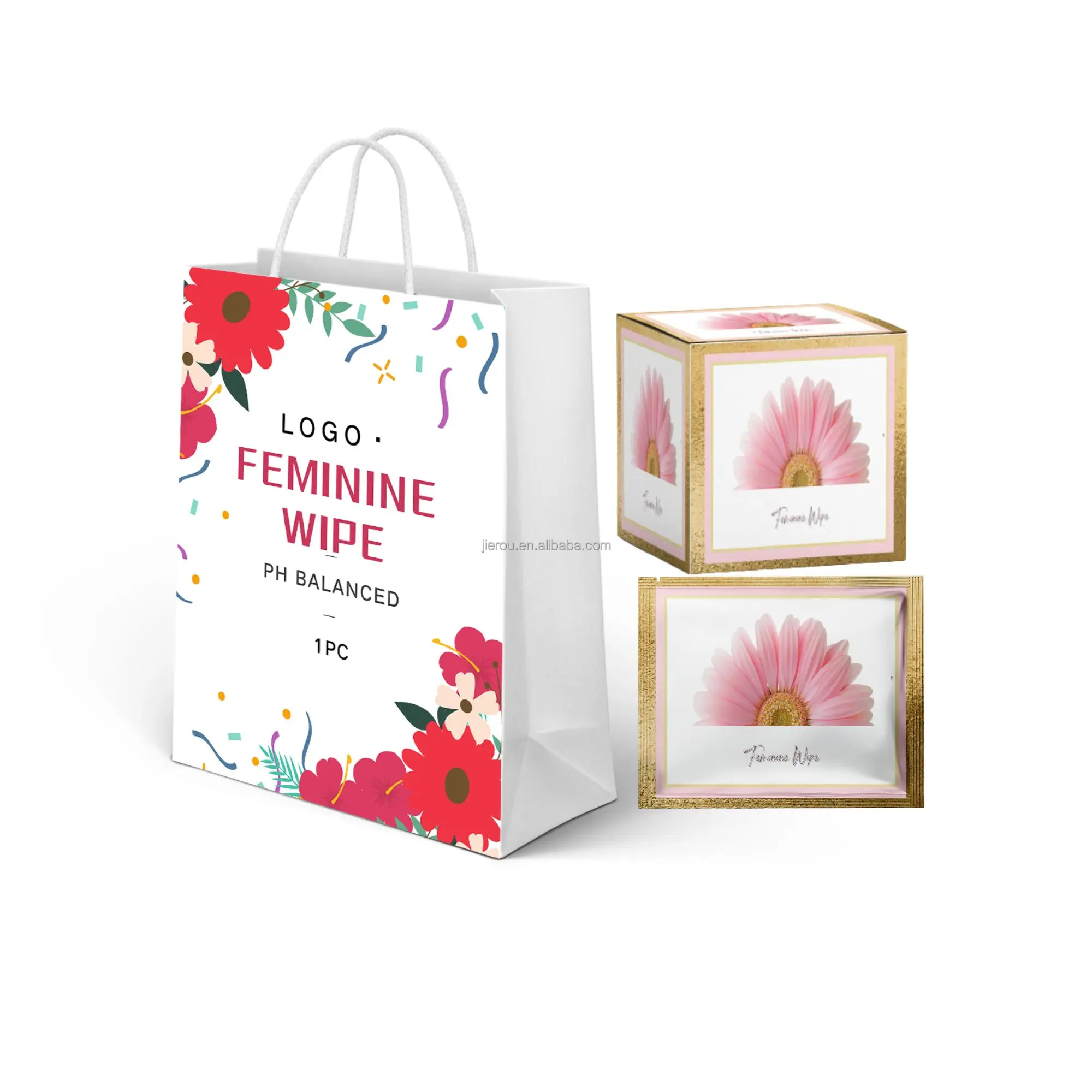 Wholesale private label customized 99.9% pure water feminine intimate hygiene wipes gift set with paper bags