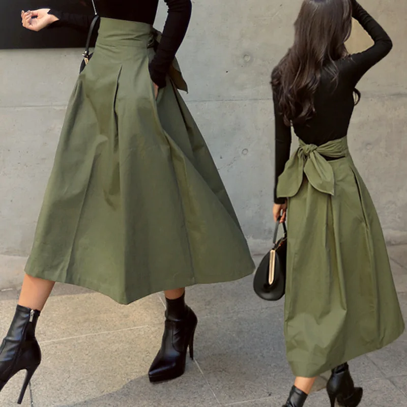 Wholesale 2021 Summer Army Green Skirt Fashion Bow Knot Big Swing Skirt Slim Fit Tunic Skirt