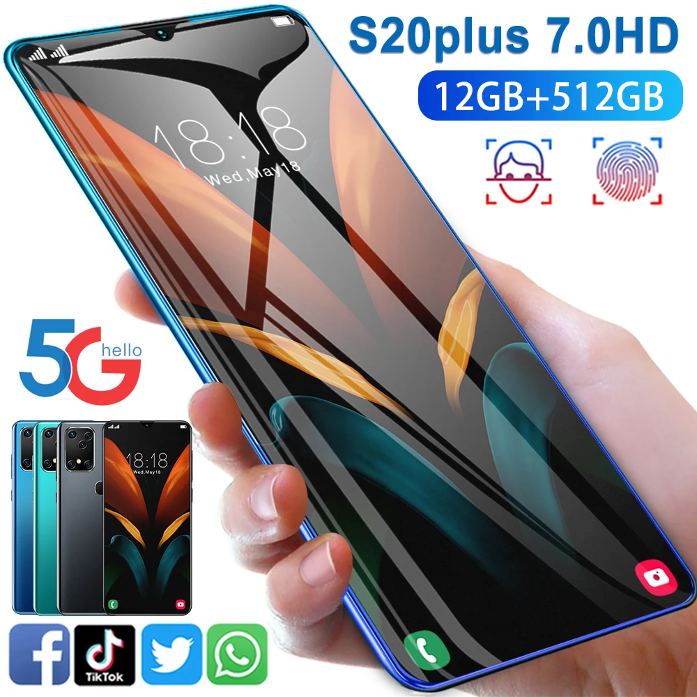 S20 плюс 1080x2320 PH полный экран телефона Android 12 Гб + 512 Гб устройство чтения карт памяти телефон с функцией распознавания лиц смарт-чехол для телефона