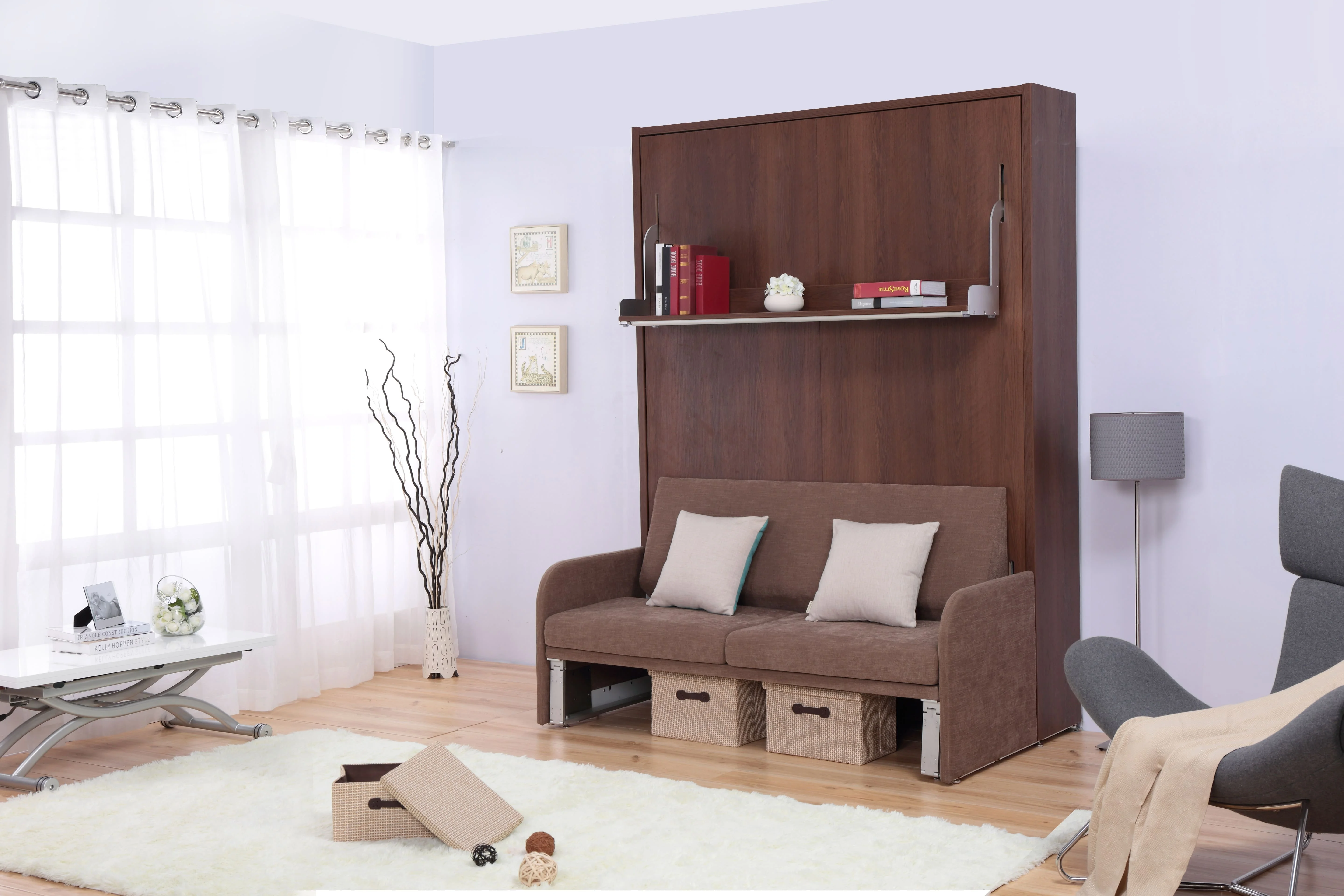 Foldable Bed Wall Murphy Sofa Free Standing Wall Bed With Book Shelf And Sofa/Arm For Apartment