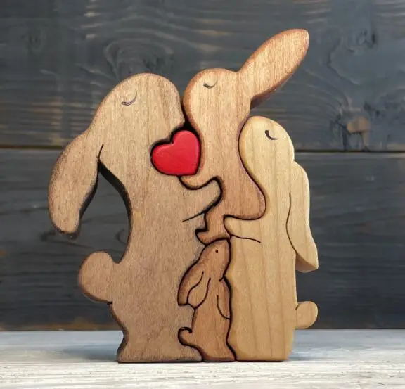 Wooden Rabbit Family Puzzle Bunny Family father mother baby Wooden Puzzle, 4 in 1 set,  Wooden Hare Family  Puzzle Decoration