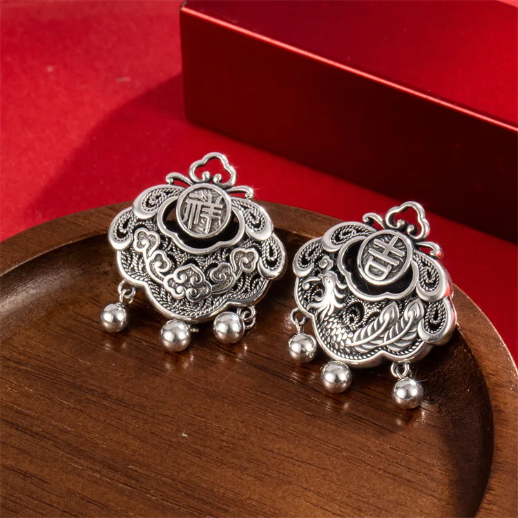 Chinese style s999 silver ancient style auspicious Phoenix lock pendant retro Xiangyun hollowed out Ruyi peace lock