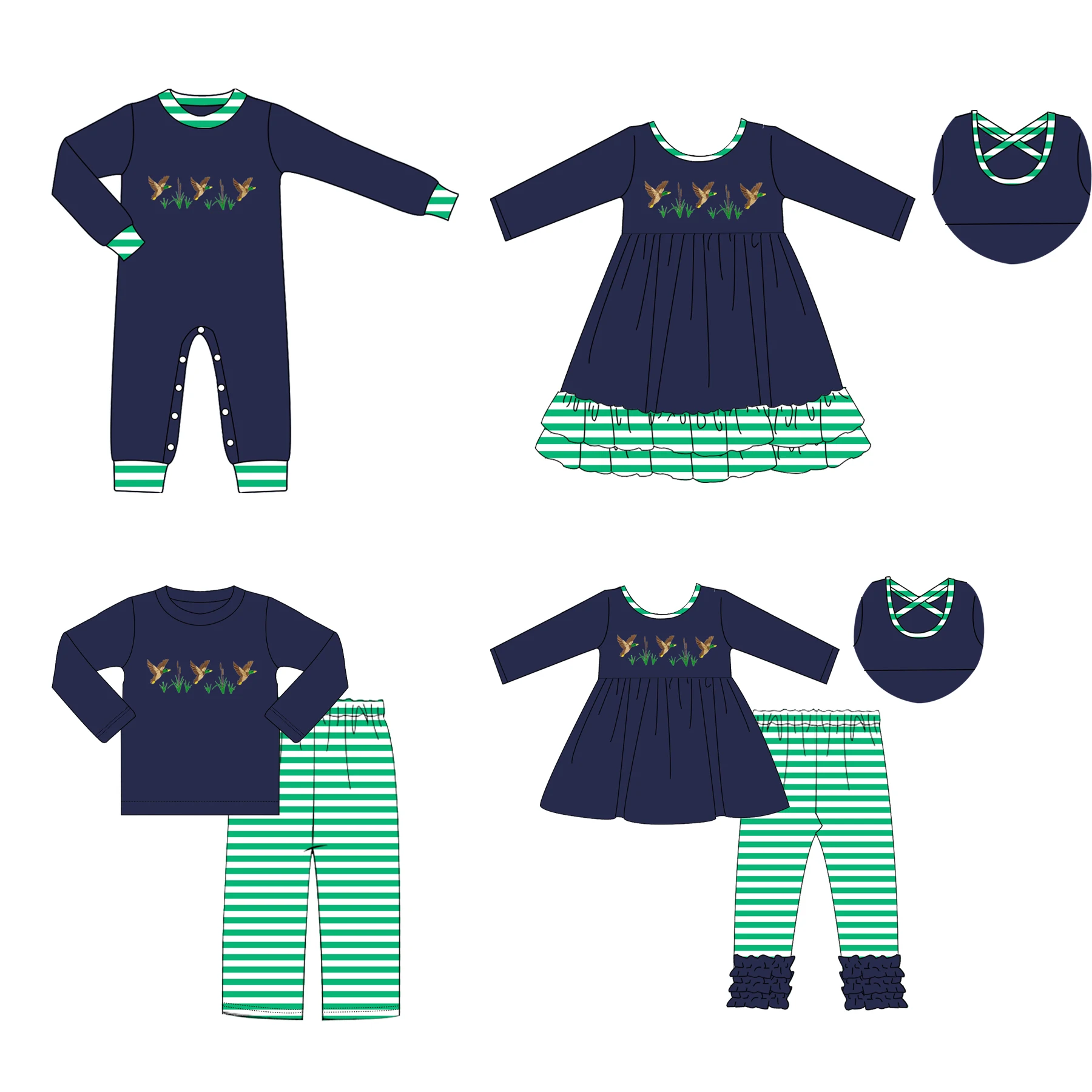 2024 popular children clothes wholesale kids embroidered outfit hunting mallard duck patch baby girls clothing sets