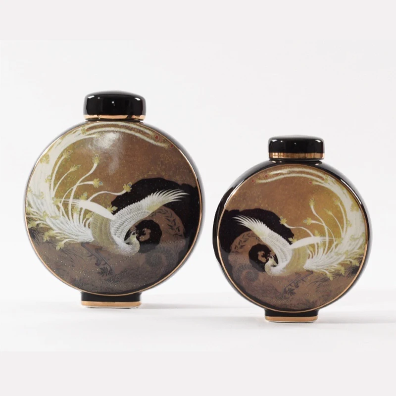 Luxury Retro Storage Jar Crane Pattern Ceramic Home Accessories Chinese Decor