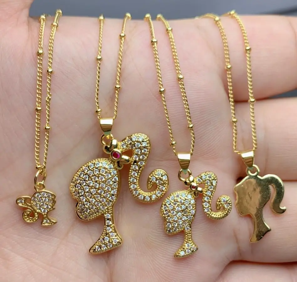 New Diamond with Zirconia Pendant Beauty Head Necklace Fashion Design Cartoon Barbiees Necklace for Women