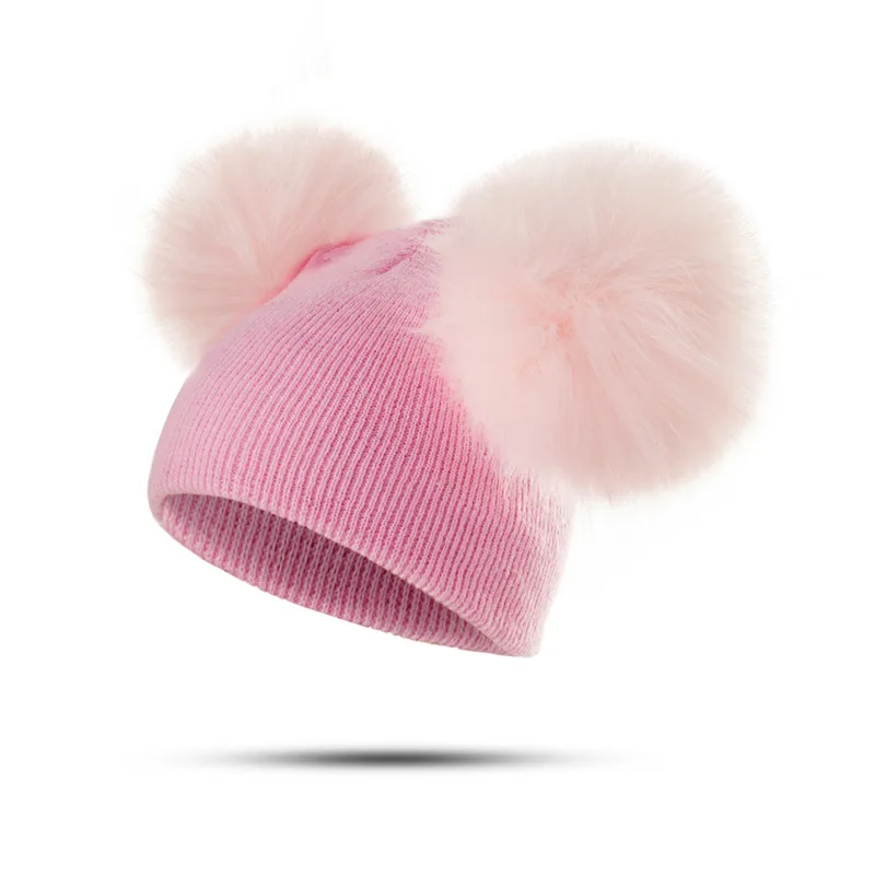  solid color plain detachable double ball newborn winter hats with pom baby beanie