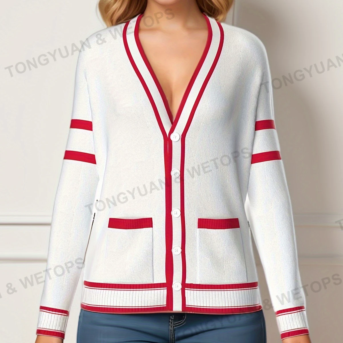 Custom Clothes BSCI Ladies Casual Cardigan Greek Sorority Red White Chenille Patch Sweater Custom Logo Knit Sweater Stripe Print
