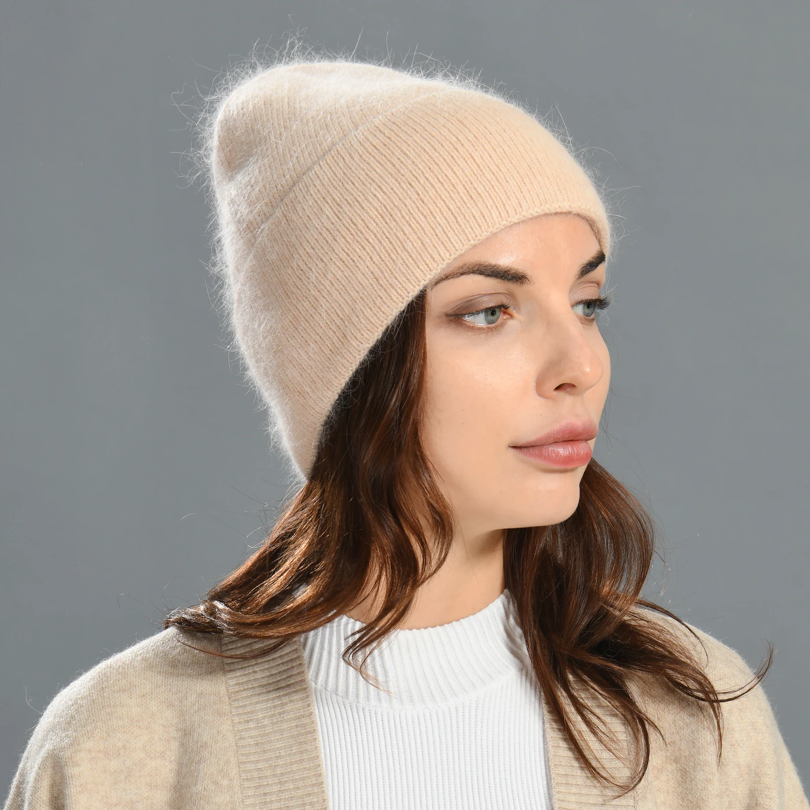 Fashion Custom Logo Women Fuzzy Beanie Hat Vintage Plain Long Rabbit Hair Fluffy Cuffed Warm Soft Knitted Beanie Hat Angora