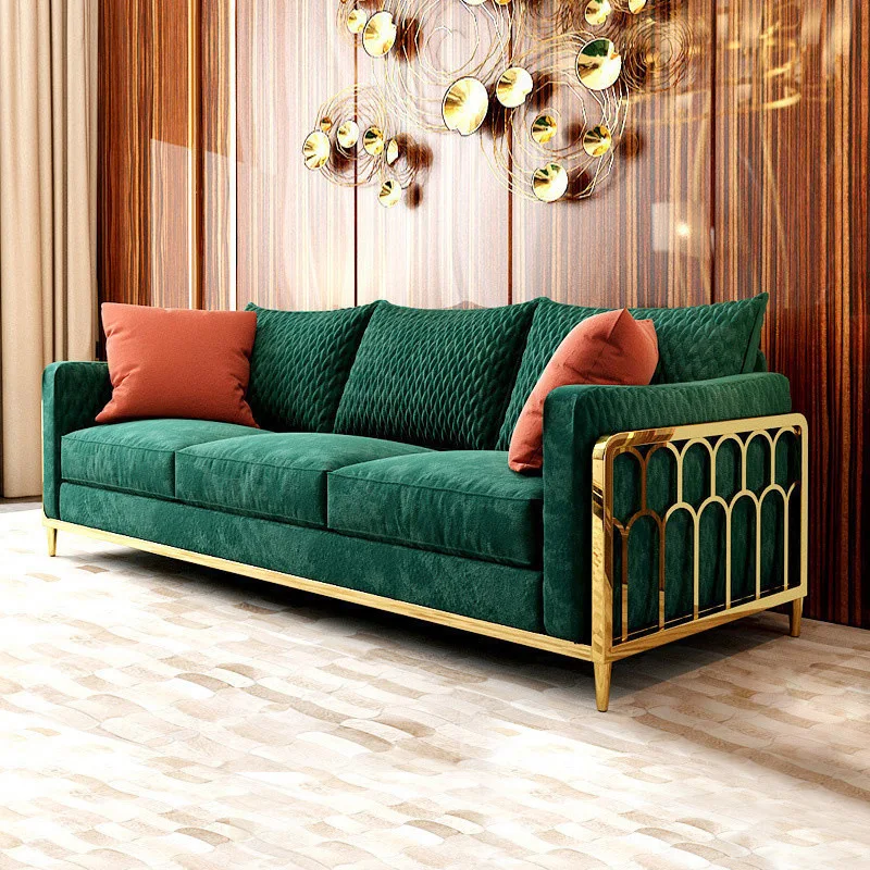 Modern living room sofas 1 2 3 seater Wedding furniture Golden Steel Arm velvet Light Luxury fabric sofa set with metal frame