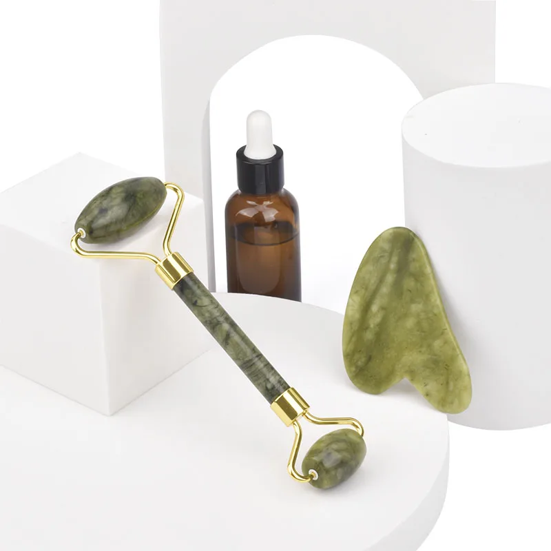 
3 In 1 Green Jade Roller And Guasha Board Set Jade Roller Dry Body Brush With Gift Box Face Lift Slimming Tools Set 