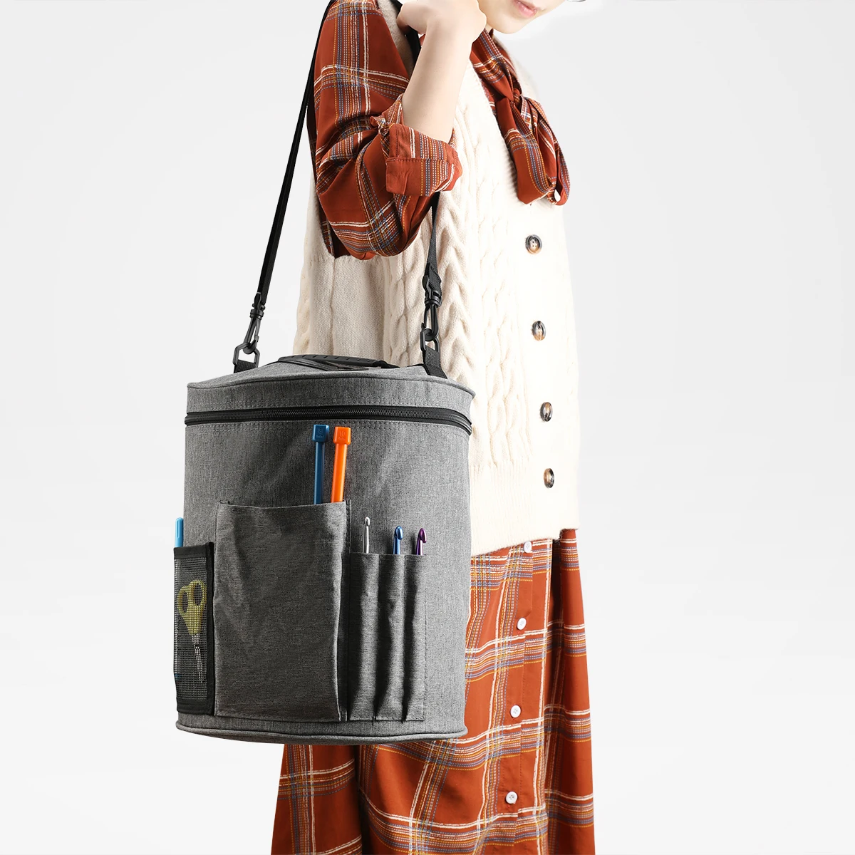 Large Capacity Portable Yarn Storage Knitting Tote Organizer Bag With Pockets for Crochet Hooks & Knitting Needles