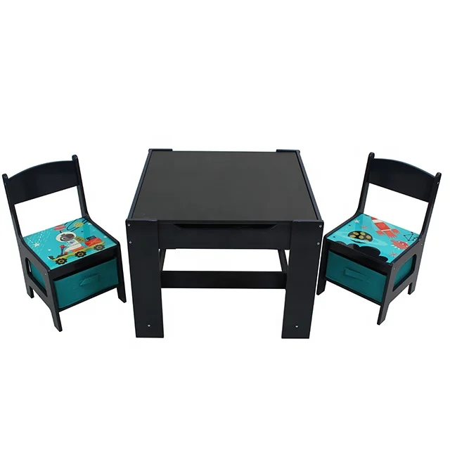 Kids Table and Chair Set Double Side Tabletop with Storage Box Wooden Children Activity Desk