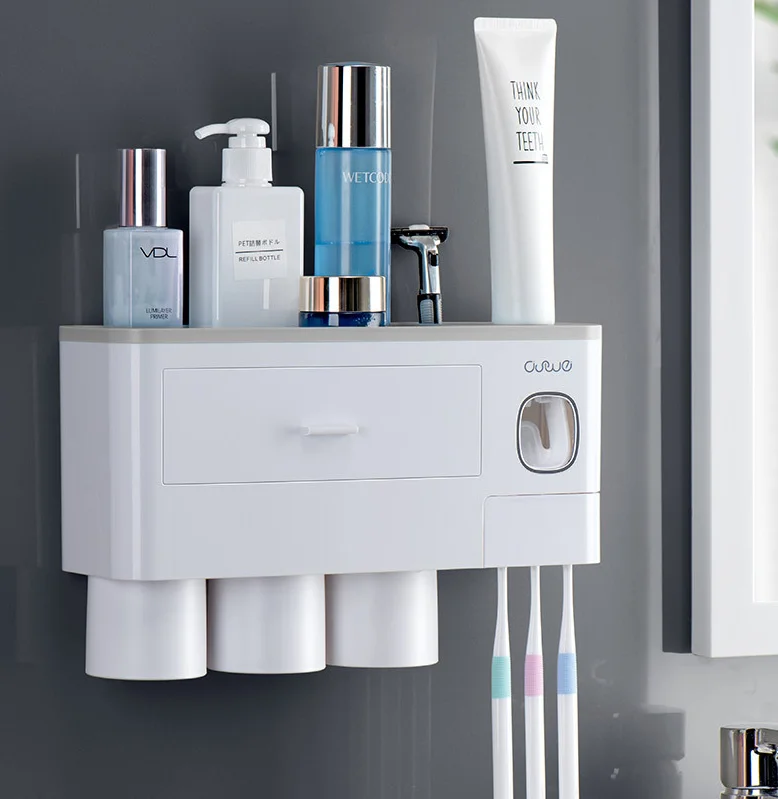Toothbrush Holder Wall Mounted, Multi-Functional Toothbrush and Toothpaste Dispenser for Bathroom