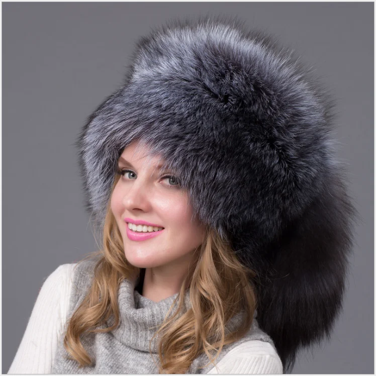 Girls Grey Winter Hat Mongolian Fox Fur Headband Hat Natural Fur Ear Flaps Hat