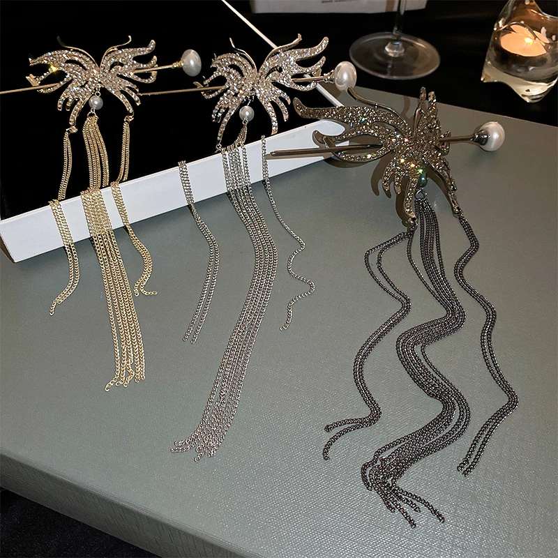 fashion quality long chain tassel butterfly crystal hairpins
