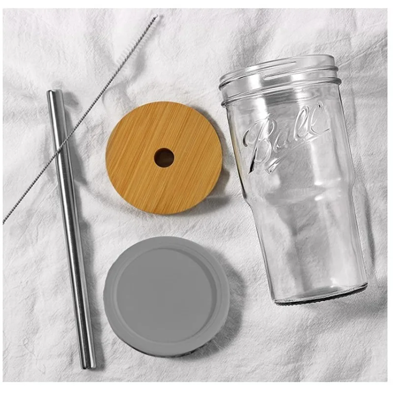 New Arrival 24oz clear frosted glass coffee beer Mug Cup with Bamboo Lids and plastic straw