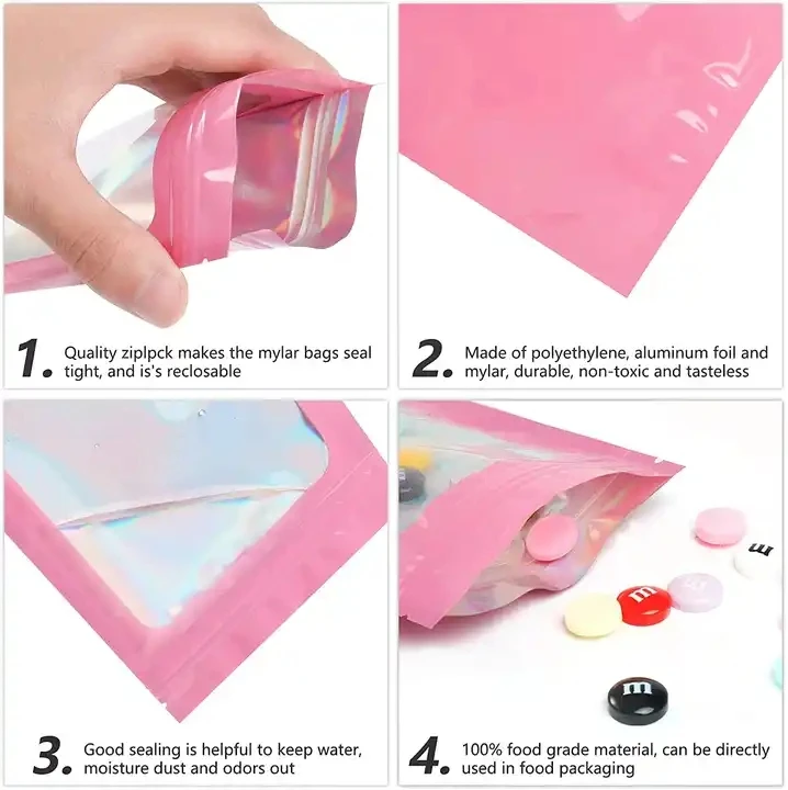 Resealable zipper smell proof food grade aluminum foil sachet black  holographic small pink custom logo mylar bags with window