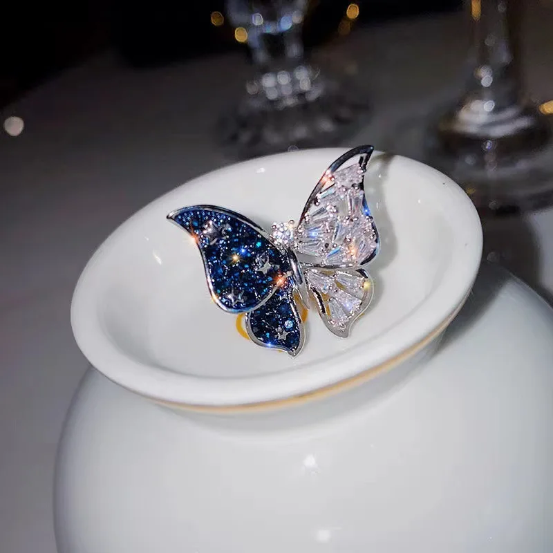 Silver Zircon Hollow Fly Butterfly Open Ring For Women Niche Design Personal Japan popular Accessories