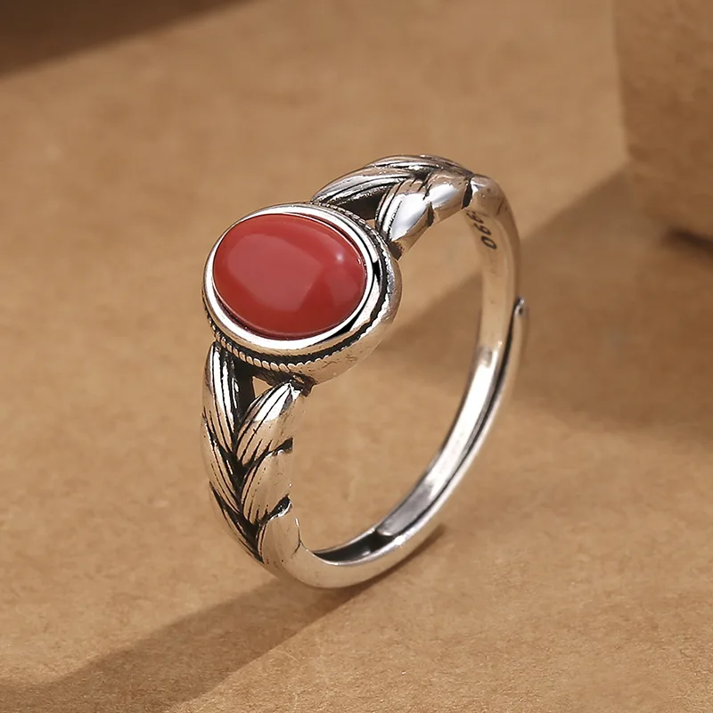 Fashion Wheat Ear Ring South Red Agate Gemstone Rings Vintage Wheat Designed Adjustable Rings Stylish Carnelian Ring