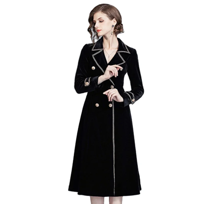 TA3900120 2019 new temperament ladies waist double breasted trench coat mid-length over-the-knee velvet jacket