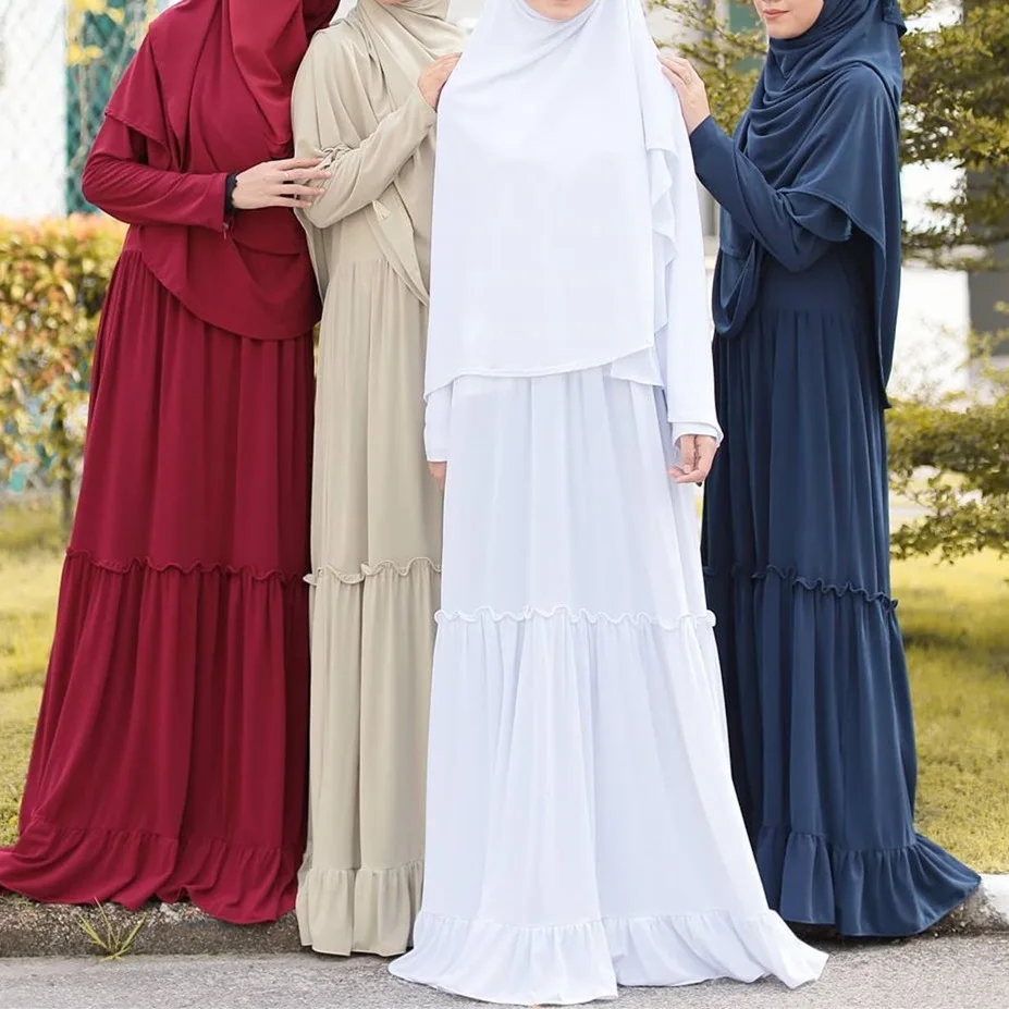 Arab Women Dubai Kaftan Turkish Long crew neck Dress Hijab Islamic Abaya  Clothing Muslim Maxi Prayer Dresses For Young Girl