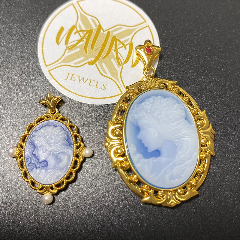 18K Pure Gold Mother of Pearl 28x44mm Cameo Oval Shape Pendant Au750 Beauty Head Pendant Carved Stones Jewelry