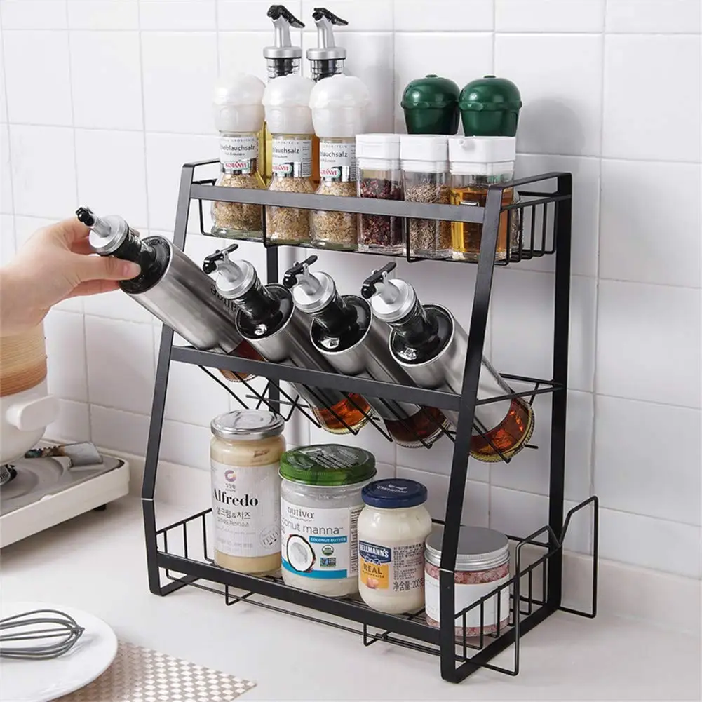Ningbo Factory Kitchen Seasoning Organizer High Capacity Wall Mount 3 Tier Metal Storage Spice Rack with Cutting Board Stand