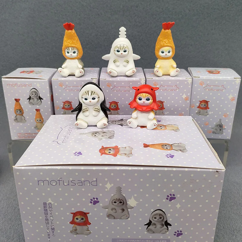 Blind Box Mofusands Action Figures Fried Shrimp Shark Cat PVC Blind Box Toys Cartoon Sanrios Cat on Slide Doll for Kids