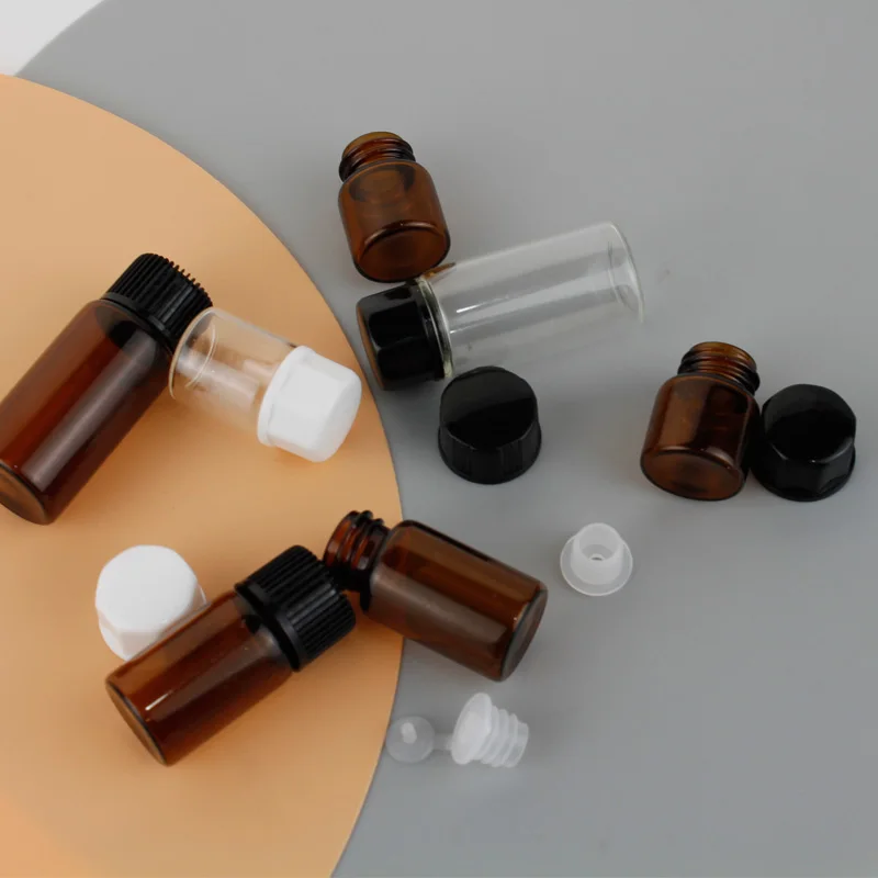 Essential Oil Sample Bottle 1ml 2ml 3ml 5ml Amber Clear Mini Glass Liquid Sample Vial Fragrance Perfume Tester Tube with plug