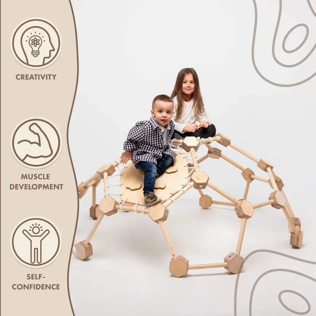 Montessori Wooden Climbing dome Frame Slide Set Natural Wood Indoor Playground with Ladder Wall for Bedroom  Application