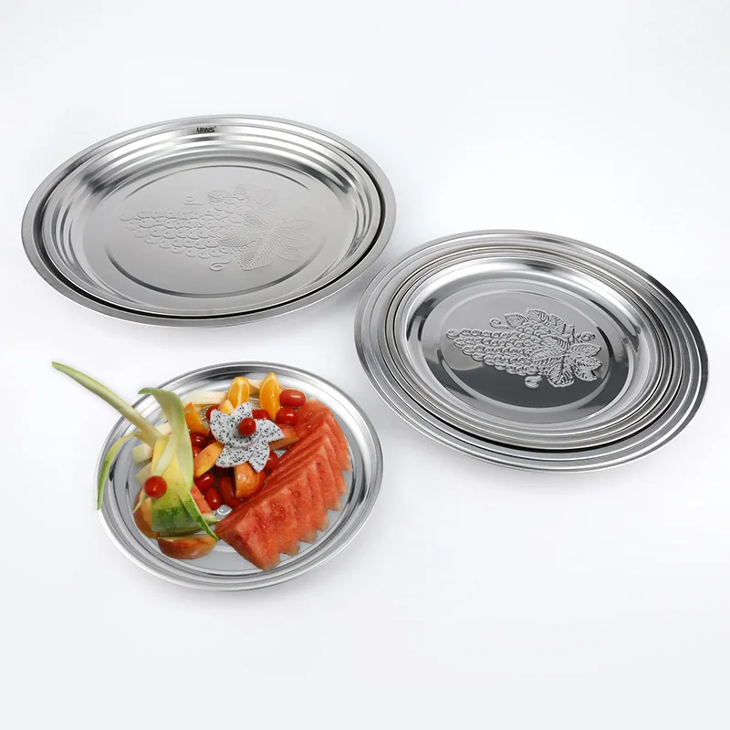 Luxury stainless steel round service tray grape embossing service dish food tray