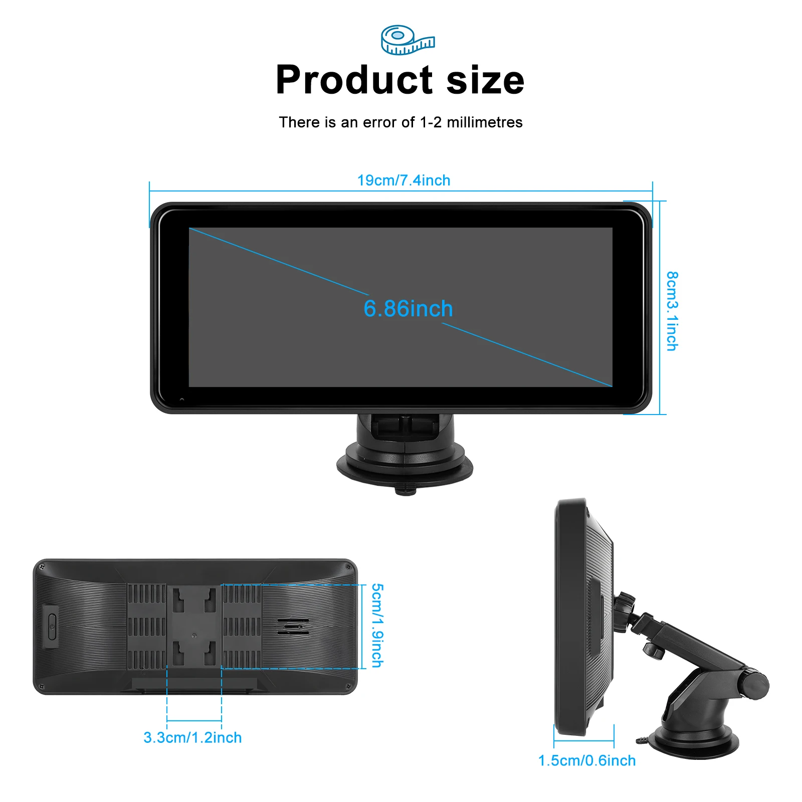 Podofo Portable Wireless Carplay/Android Auto 6.86 Inch HD Screen Car Monitor AirPlay Android Cast BT Music FM Transmitter