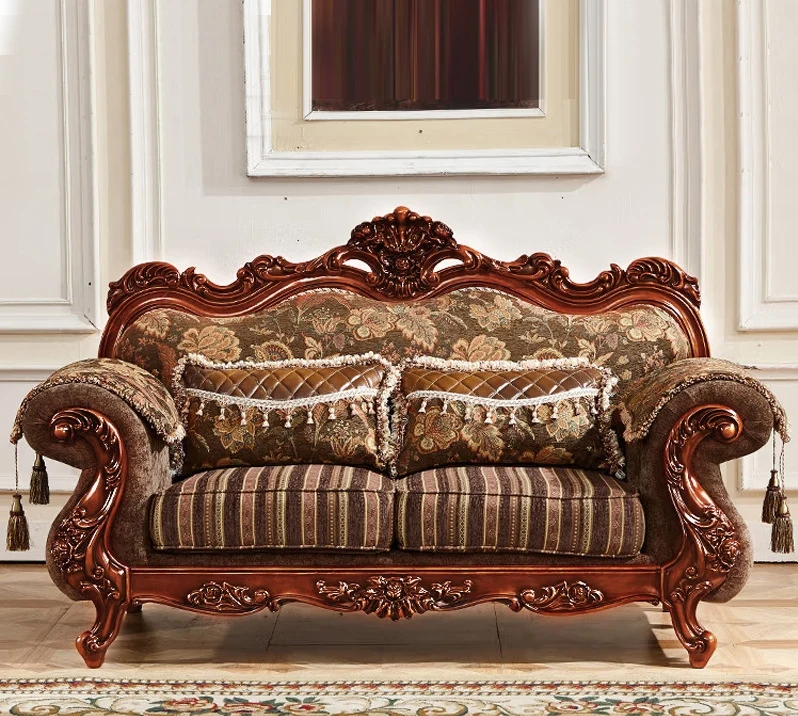 Luxurious European Fabric Sofa Villa Living Room Furniture Solid Wood Carving American Sofa Couch Combination Furniture
