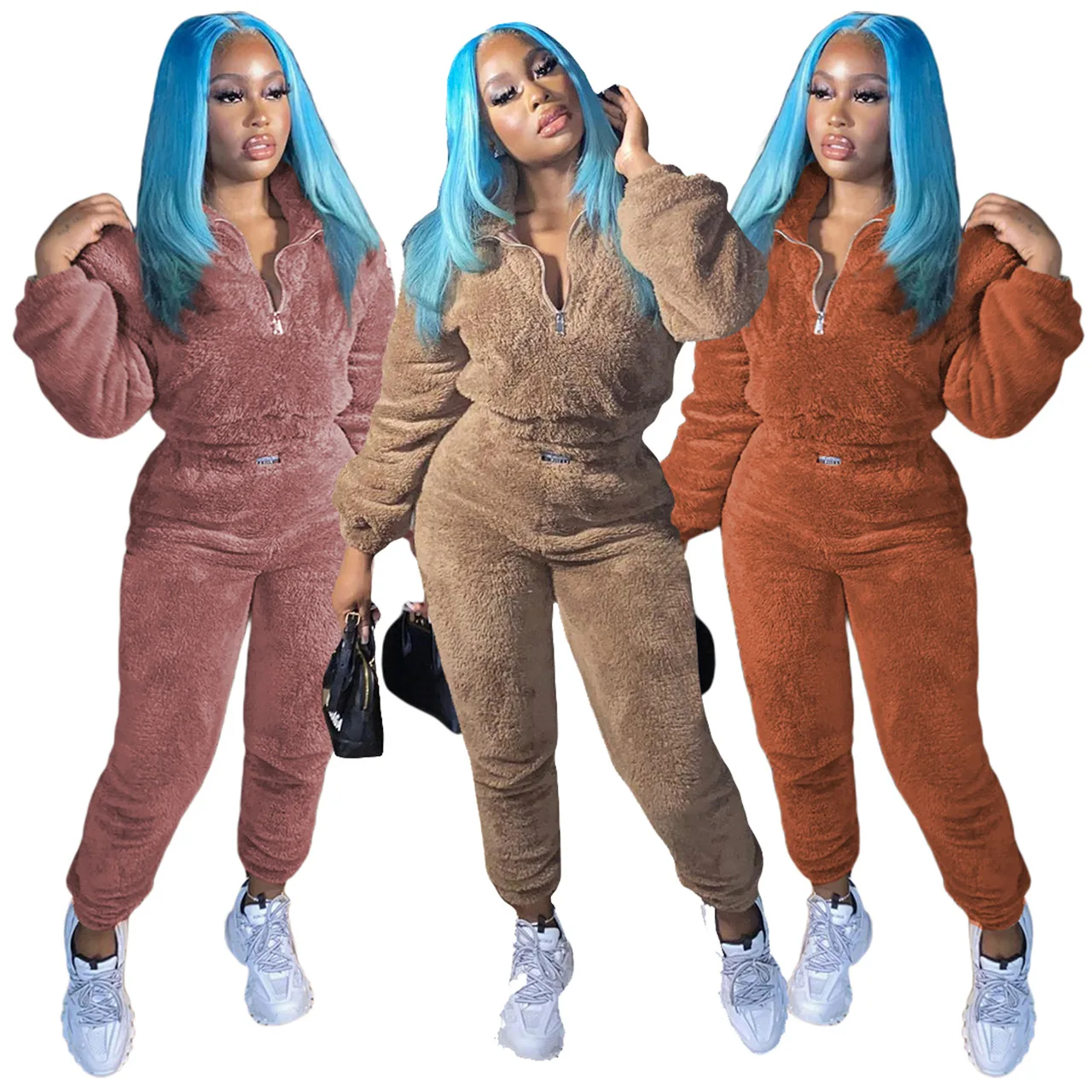 2022 Women Fall Winter Fur Faux Coats Jackets Tracksuits Home Wear Crop Top 2 Two Piece Pant Sets Warm Outfits Women