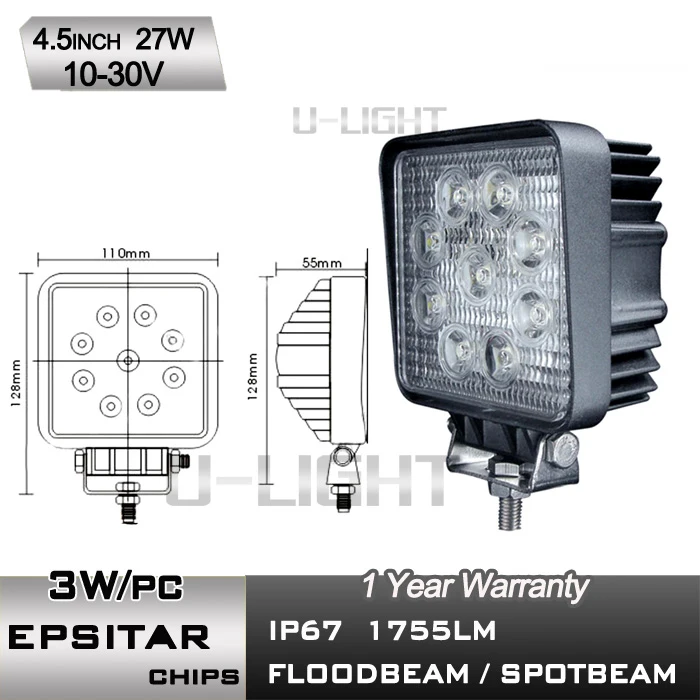 4.5 inch square 27W led light bar for snowmobile DC 12-24V led work light with high quality more than 1775 lumen