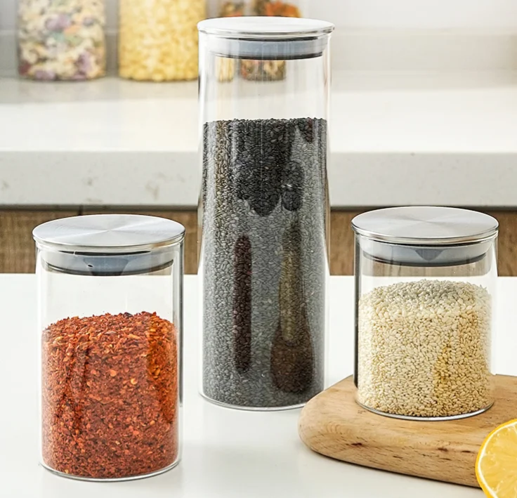 New Clear Wide Mouth Kitchen Spice Box Food Candy Storage Borosilicate Bottle Container Glass Jar With Stainless Steel Lid