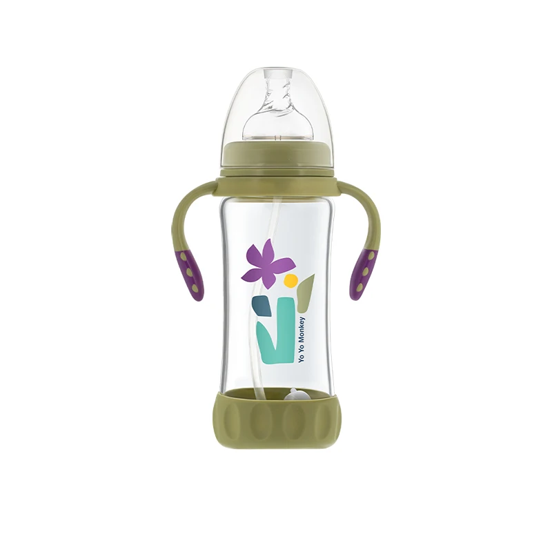 China Manufacturer BPA free wide mouth baby borosilicate glass milk bottle with silicone boots and detachable handle 280ML