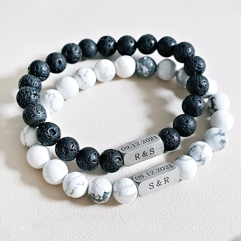 Stainless Steel Customized Logo Name Bracelet Natural Healing Energy Crystal Tiger Eye Lava Turquoise Stone Bead Bracelet