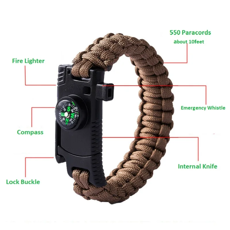 Hot sale Multi-functional Outdoor Paracord Bracelet Outdoor Survival Compass Hand Chain With Fire Starter/Whistle
