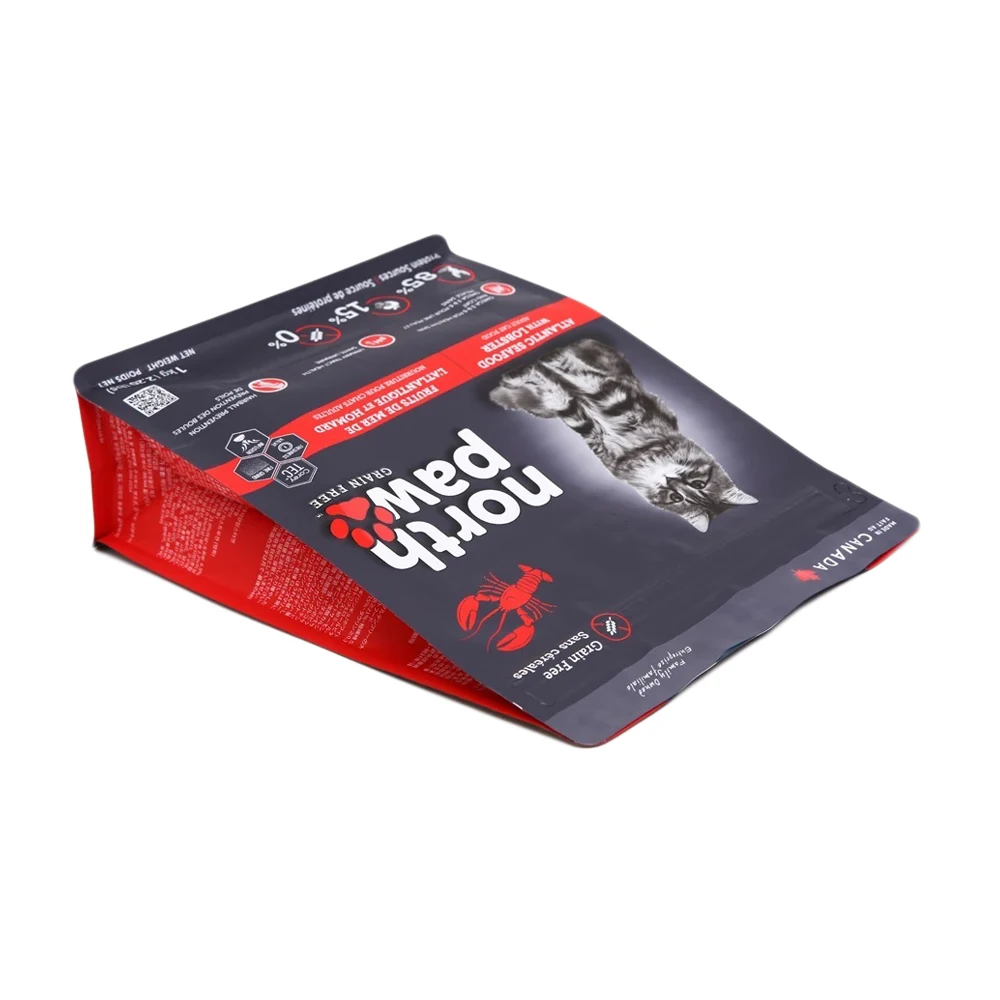 Custom Square Bottom Stand Up Bag Cat Pet Food Packaging Bag with air valve and easy tear zipper