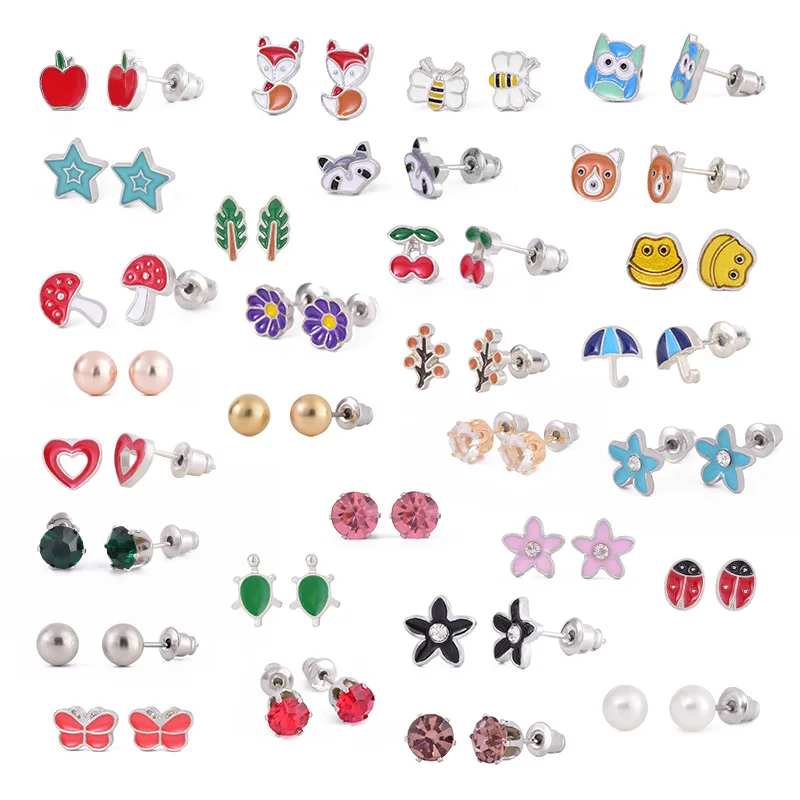 30 Pairs Mixed Colors Cute Enamel Daisy Mushroom Frog Fox Animal Stud Earrings Kids Jewelry Set